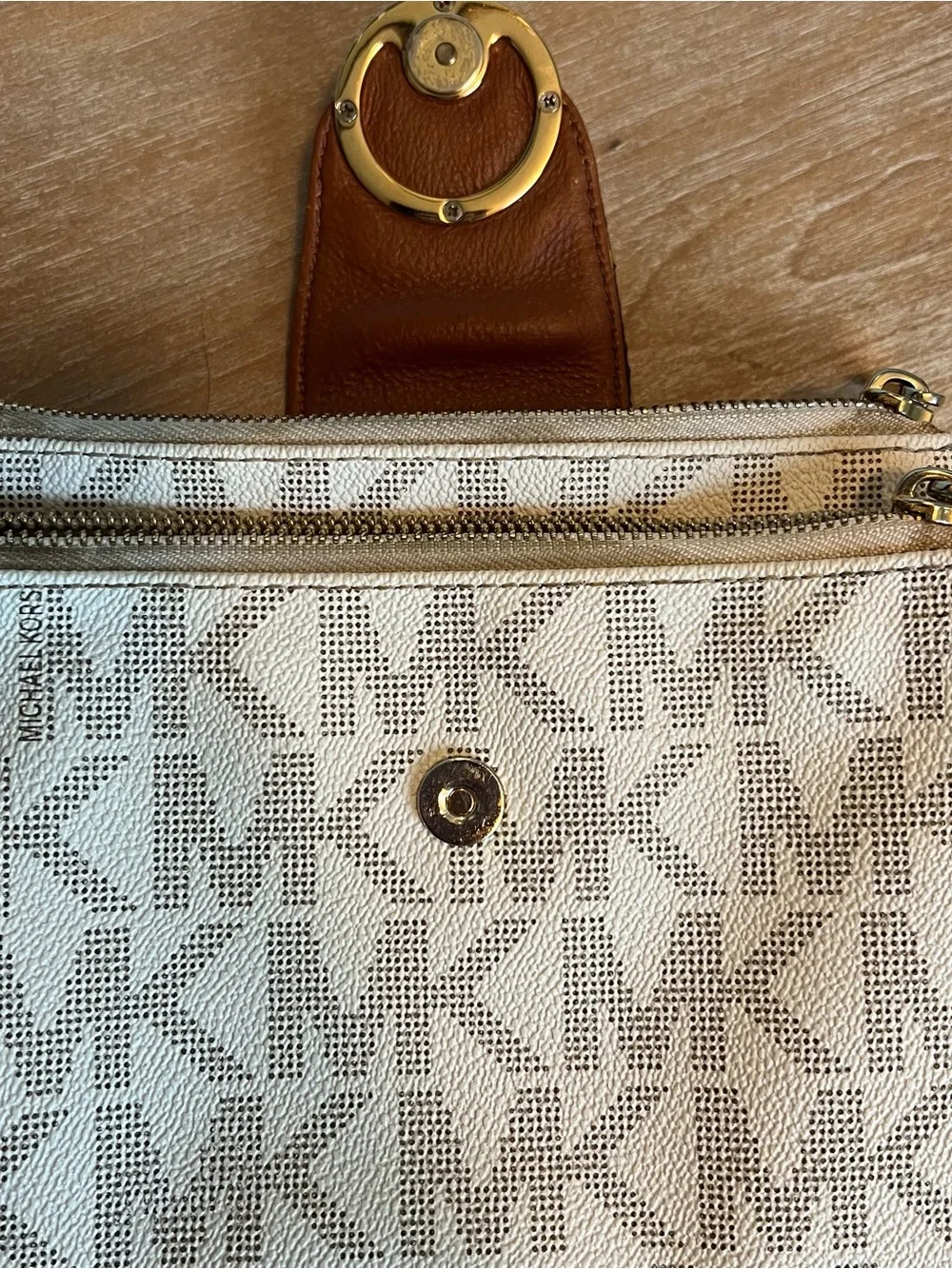Michael Kors Cream and Brown MK Logo Crossbody Bag